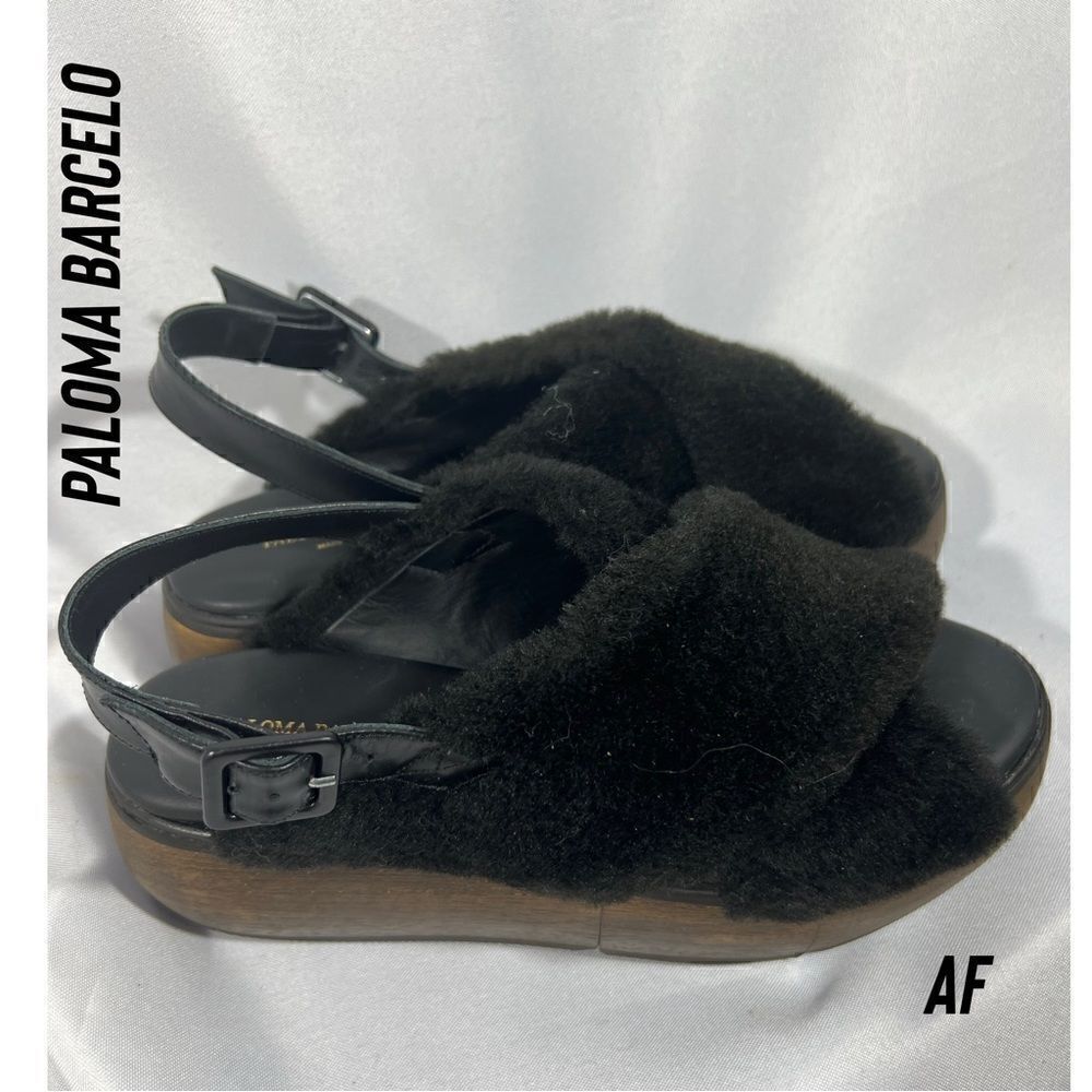 PALOMA BARCELO Viola Moution Genuine Shearling Platform Sandal Black Size 40 NWT